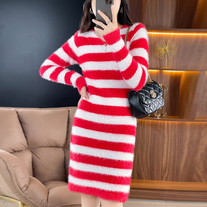 Knit dress for women with a trendy striped pattern and a deep V-neck Lune London