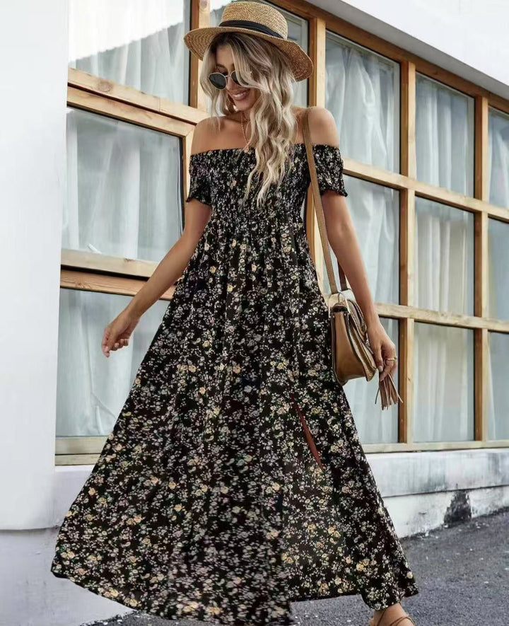 Maxi dress for women with décolletée silhouette and floral design Lune London