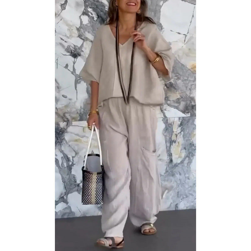Women Casual Linen Outfit with Wide Legs and V-Neck Lune London