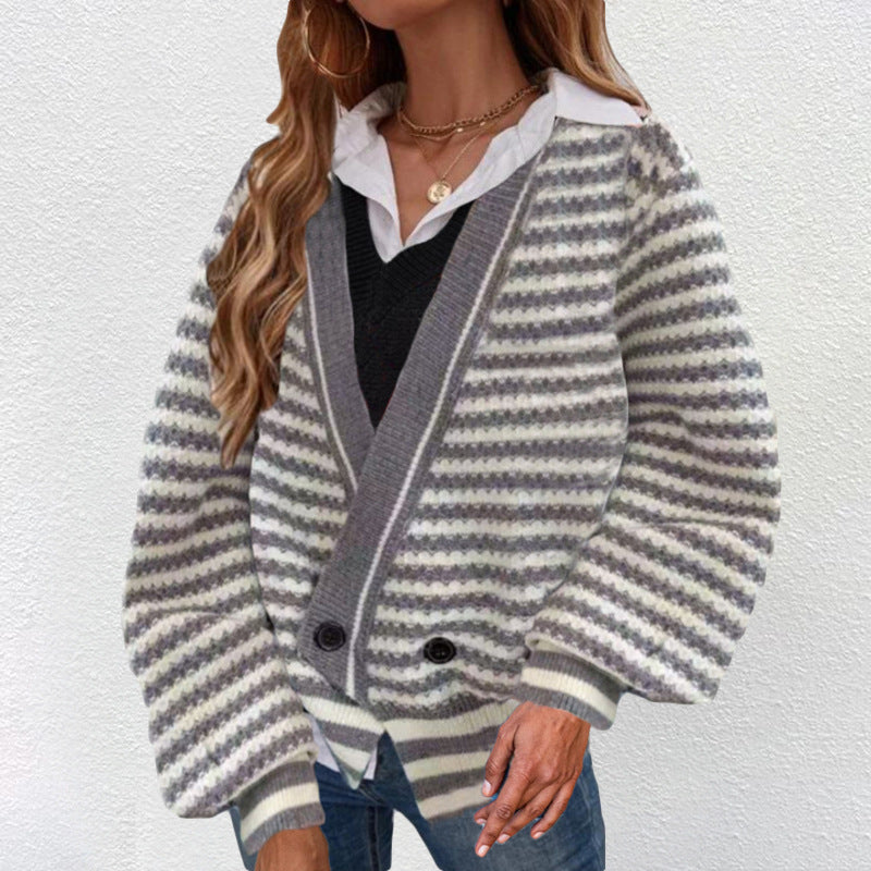 Ladies Thick Knit Cardigan with V Neck and Chic Modern Stripes