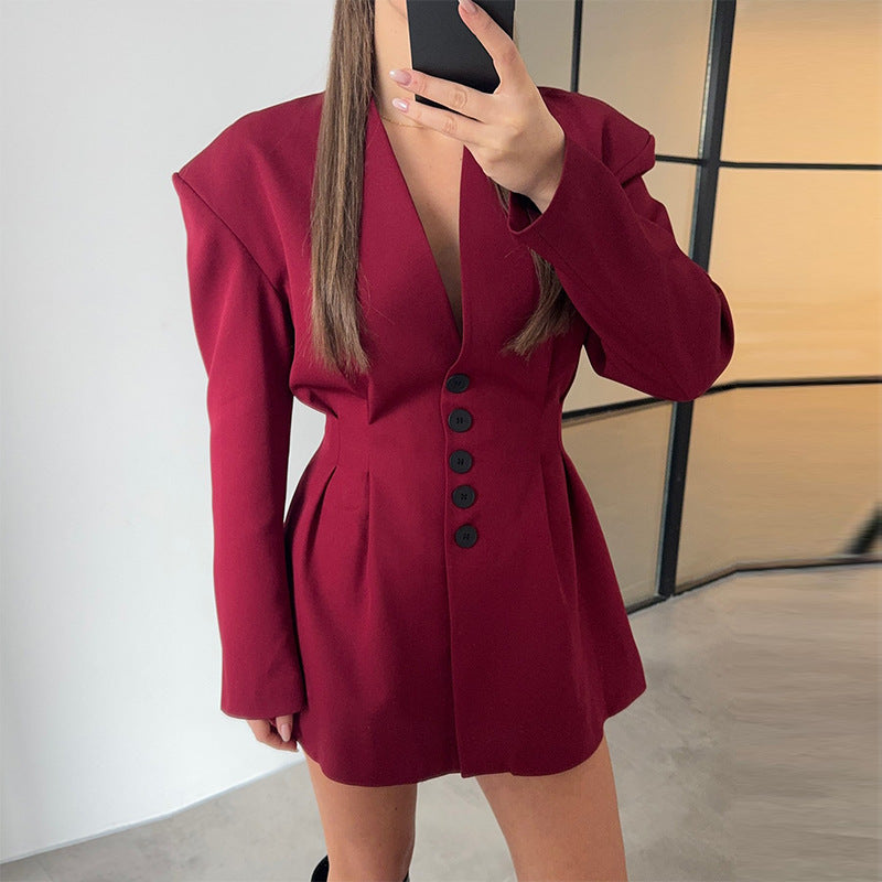 Trendy blazer dress for women with structured shoulders and deep V-neck Lune London