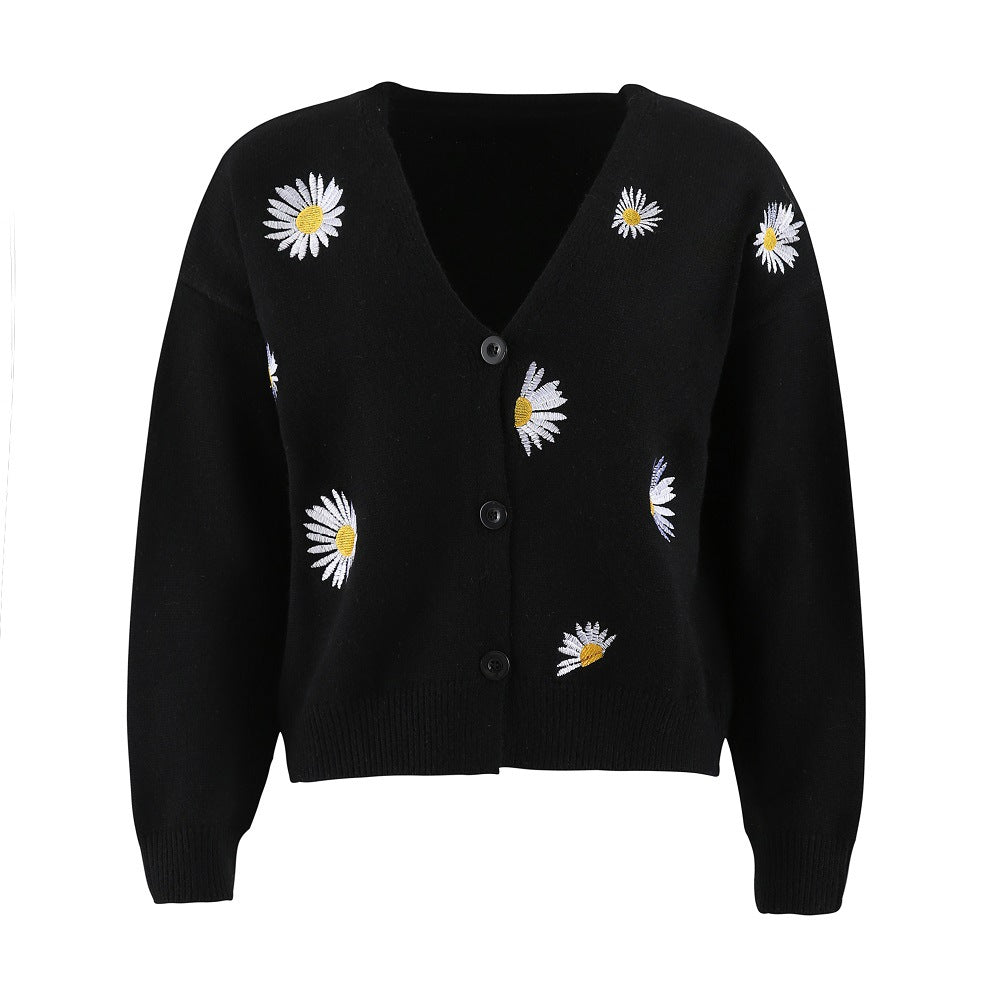Knitted jacket for women with floral embroidery and V-neck Lune London