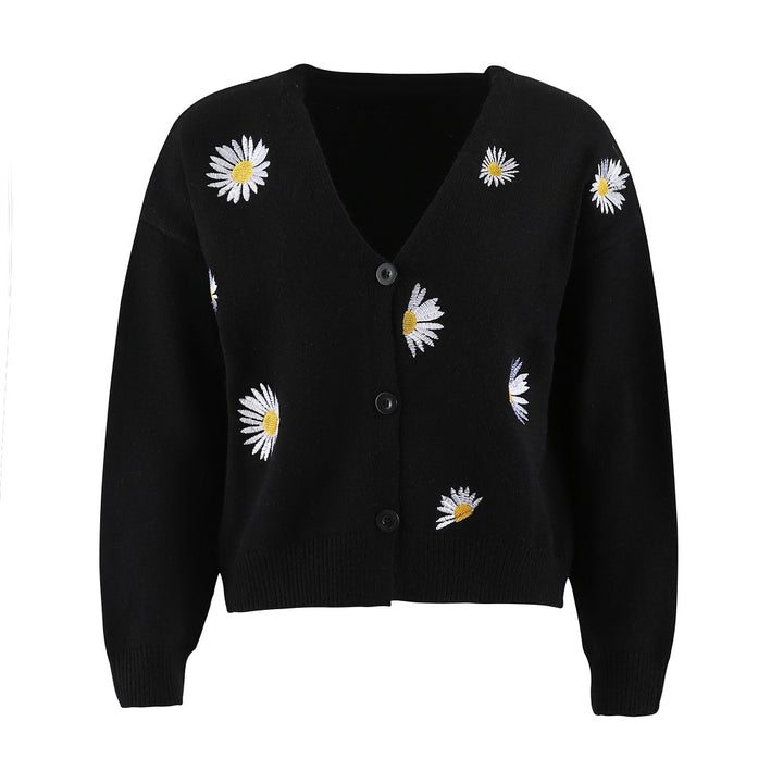 Knitted jacket for women with floral embroidery and V-neck Lune London