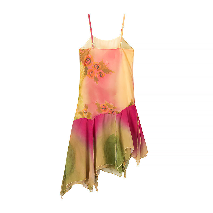 Asymmetrical summer dress for women with a floral design and delicate spaghetti straps Lune London