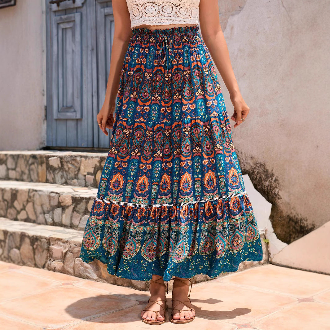 Long skirt for women with artistic paisley pattern and voluminous hem Lune London
