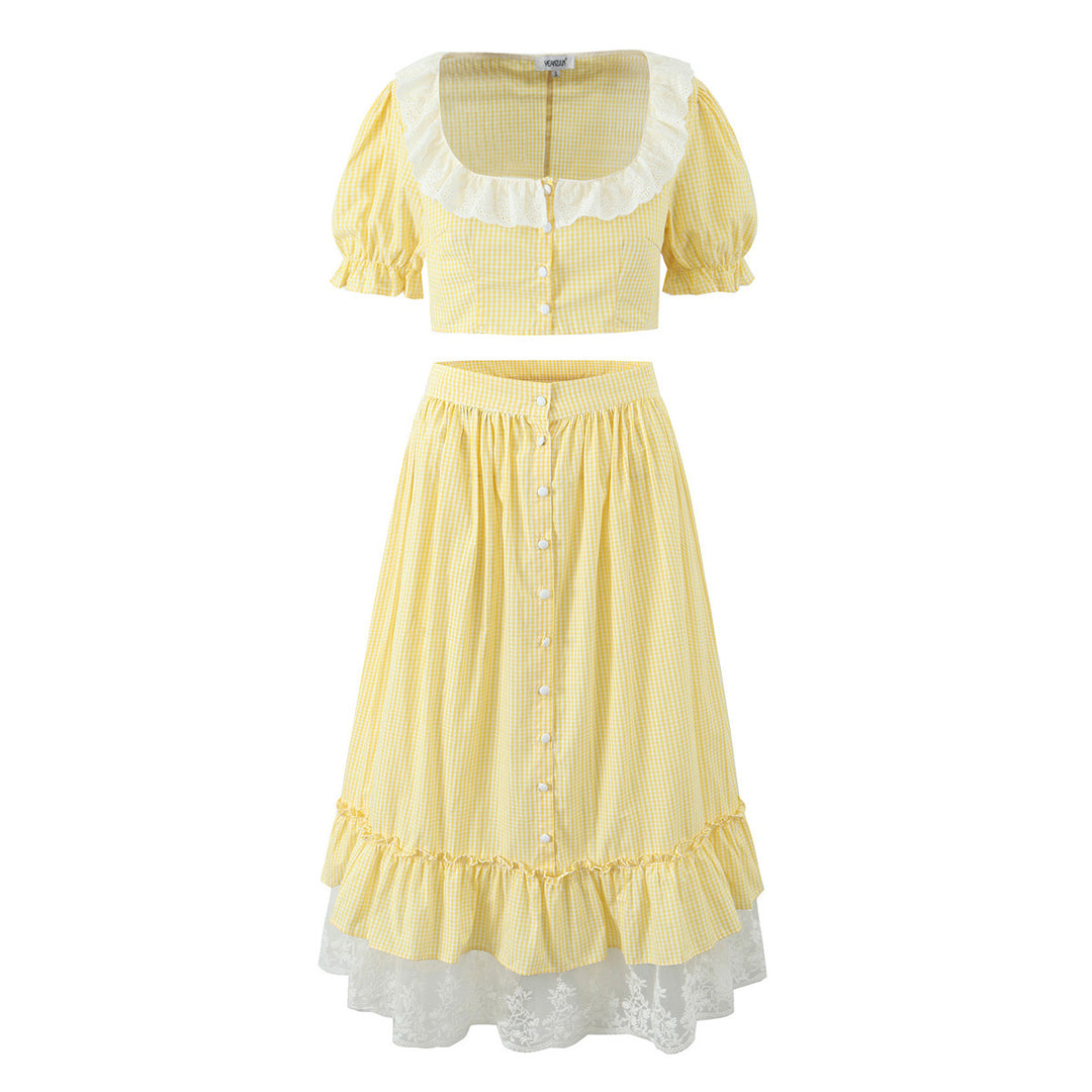 Midi skirt for women with ruffled hem and elegant lace trim Lune London