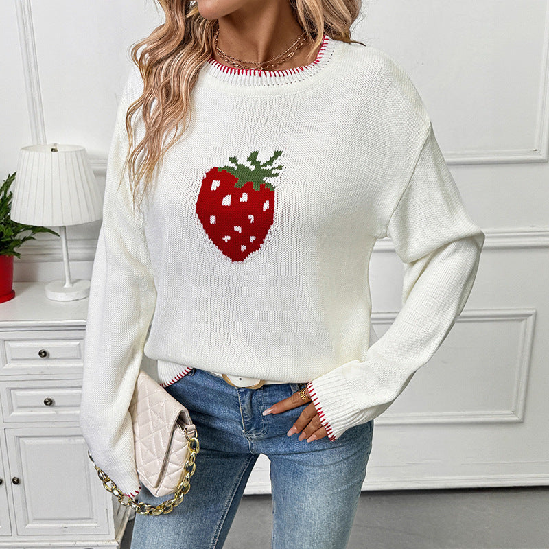 Women's sweater with strawberry pattern and ribbed details Lune London