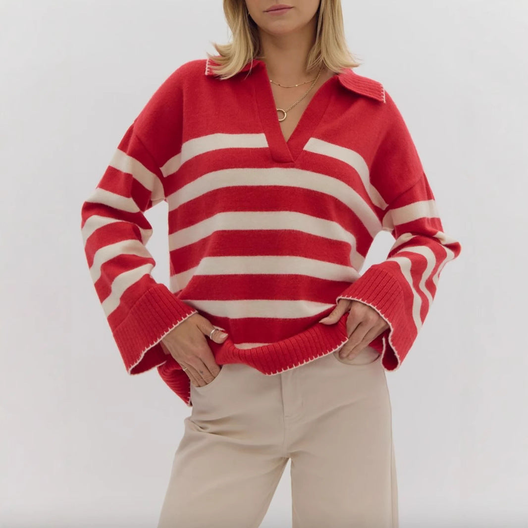 Pull en tricot élégant pour femmes avec décolleté en V et motif à larges rayures Chic & Stil