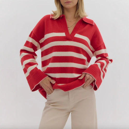 Pull en tricot élégant pour femmes avec décolleté en V et motif à larges rayures Chic & Stil