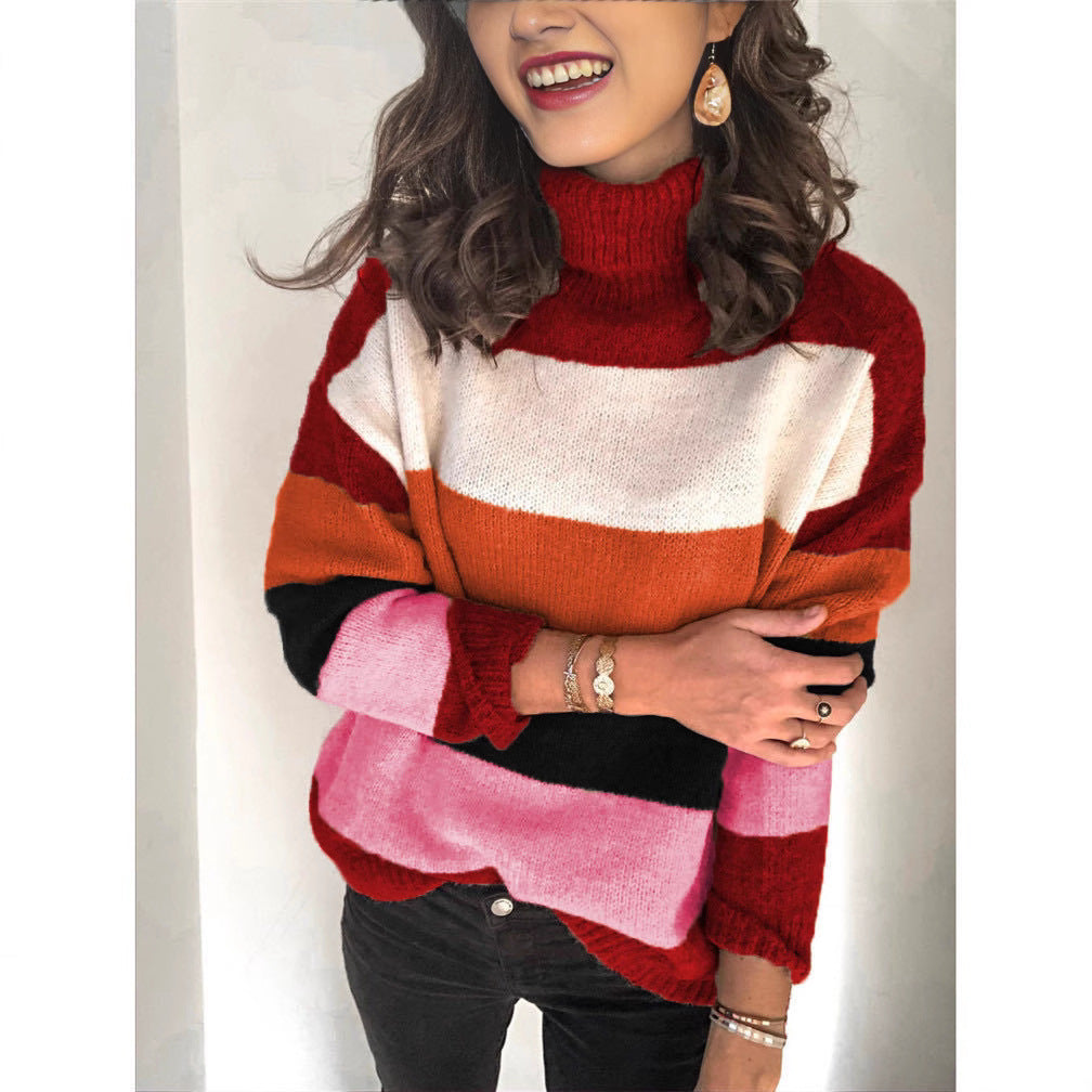 Stylish knitted sweater for women with a relaxed roll neck and chic color block design