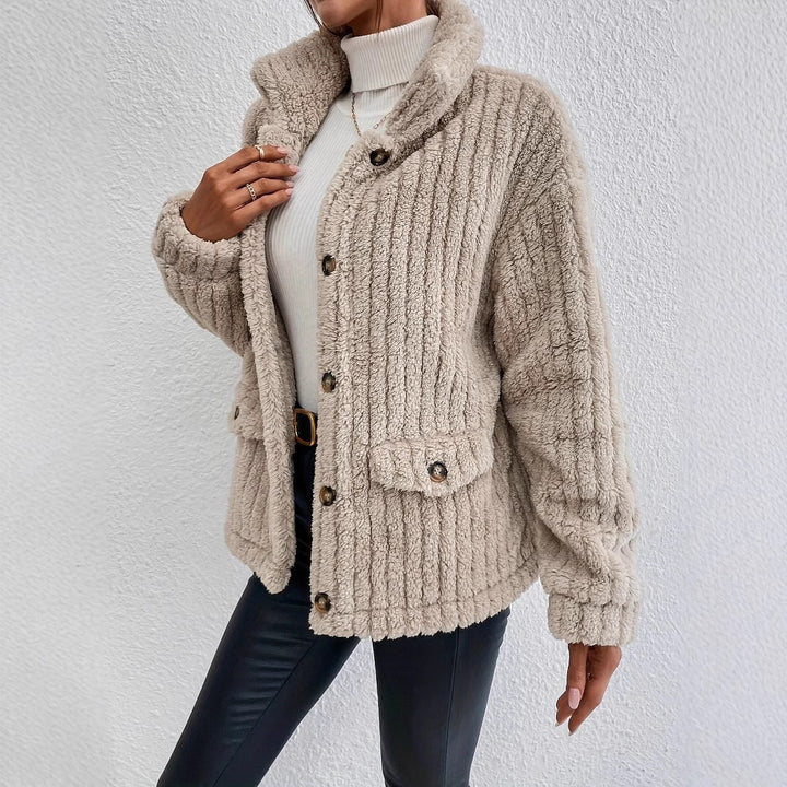 Ladies teddy fur jacket with button design and side pockets Lune London