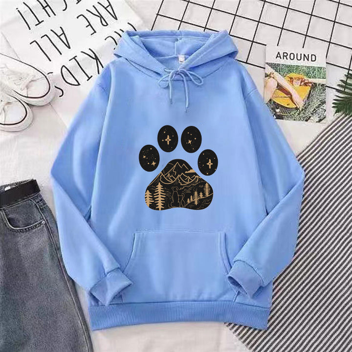 Women's hoodie with creative paw print design and mountain landscape Chic & Stil