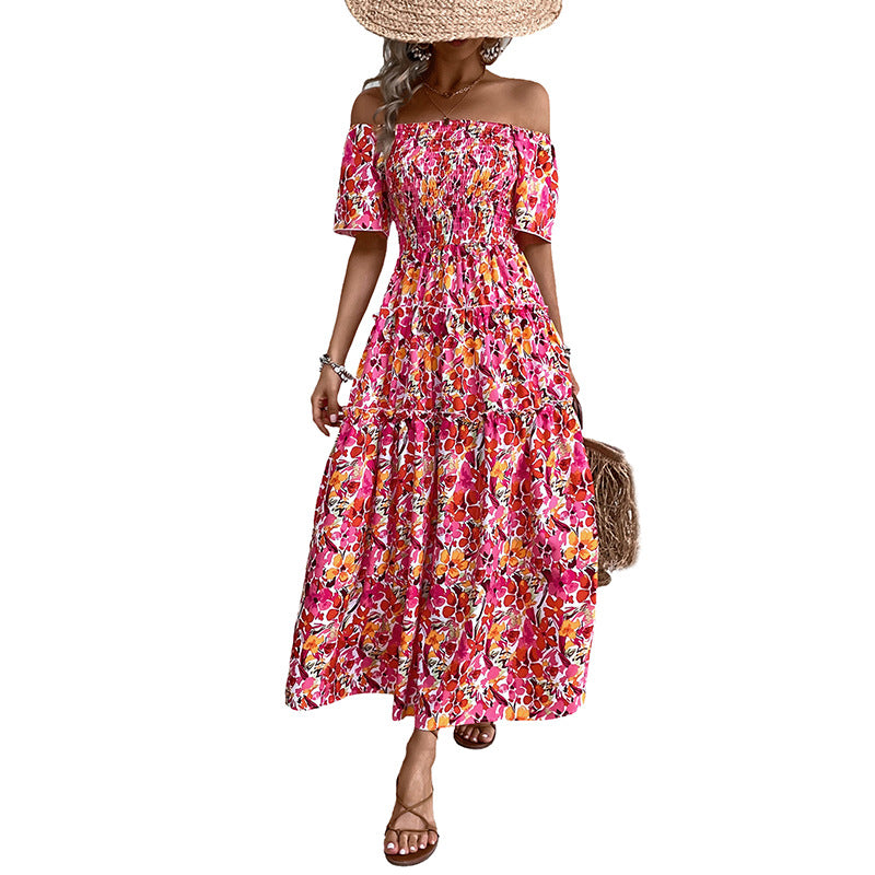 Robe maxi décolletée pour femmes avec motif floral et détails en volants Chic & Stil