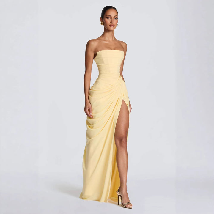 Ladies Elegant Long Sleeve Evening Dress with Asymmetric Draping and Narrow Slit