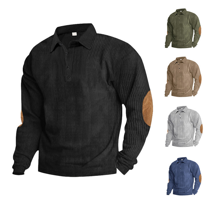 Casual long sleeve Henley T-shirt for men in textured ribbed fabric with contrasting elbow patches Lune London