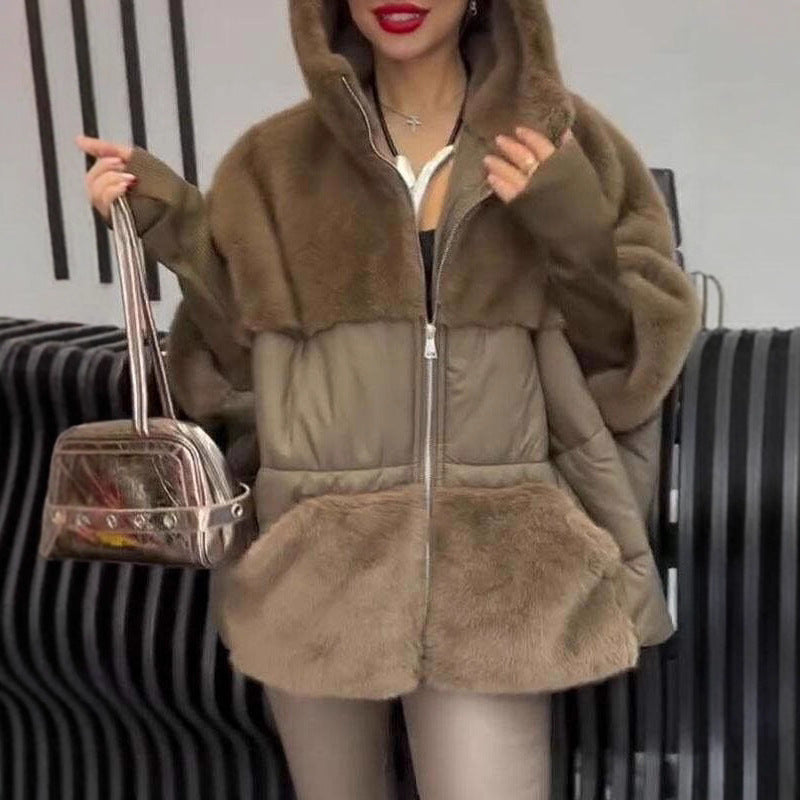 Ladies oversized hooded down jacket with faux fur trim Lune London