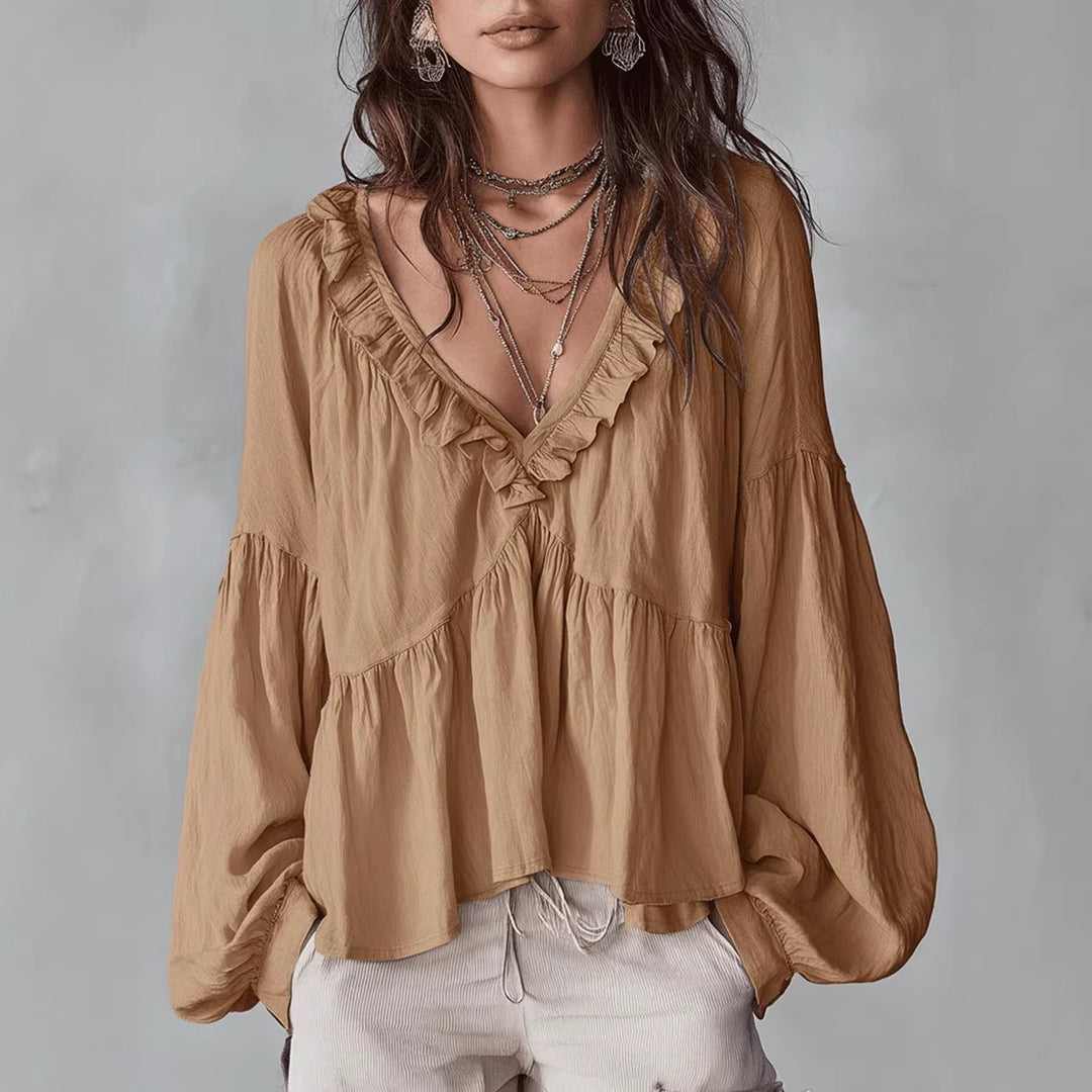 Women's Flowing Top with Ruffled Details and V-Neck Lune London