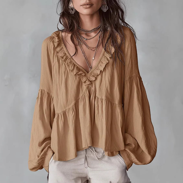Women's Flowing Top with Ruffled Details and V-Neck Lune London