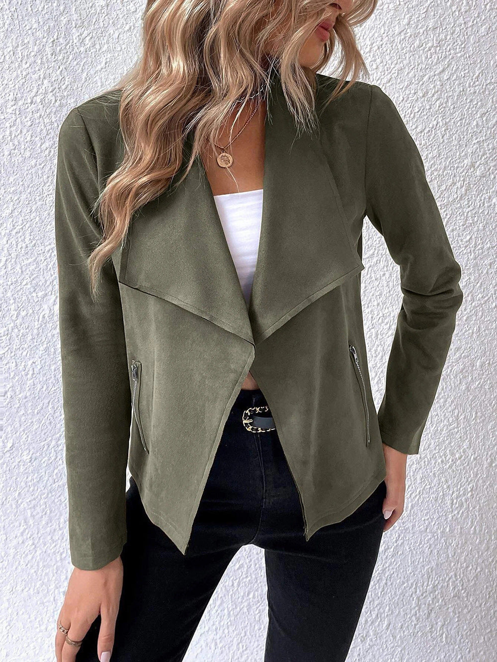 Elegant velvet jacket for ladies with asymmetric lapel and zippered pockets Lune London
