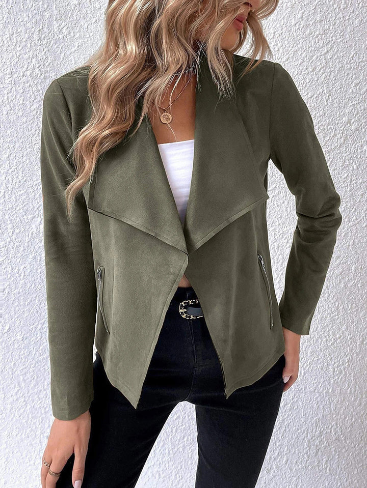 Elegant velvet jacket for ladies with asymmetric lapel and zippered pockets Lune London
