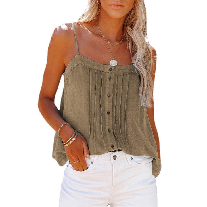 Lightweight women's tank top with spaghetti straps, plaid design and button details Lune London