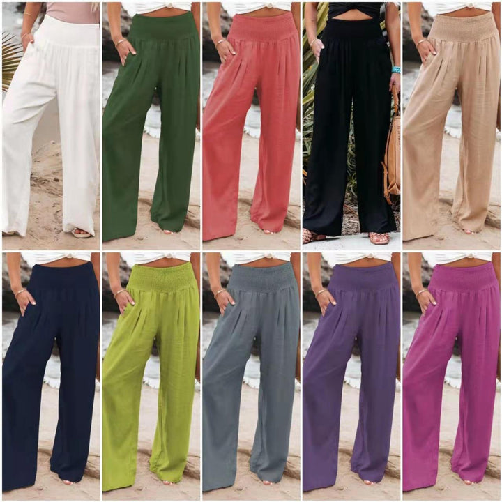 Lune London | Women's Wide Linen Pants with Elastic Waistband and Side Pleats