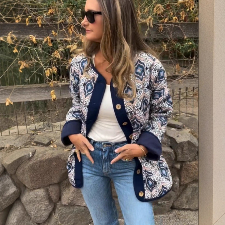 Trendy women's bomber jacket in ethnic chic style