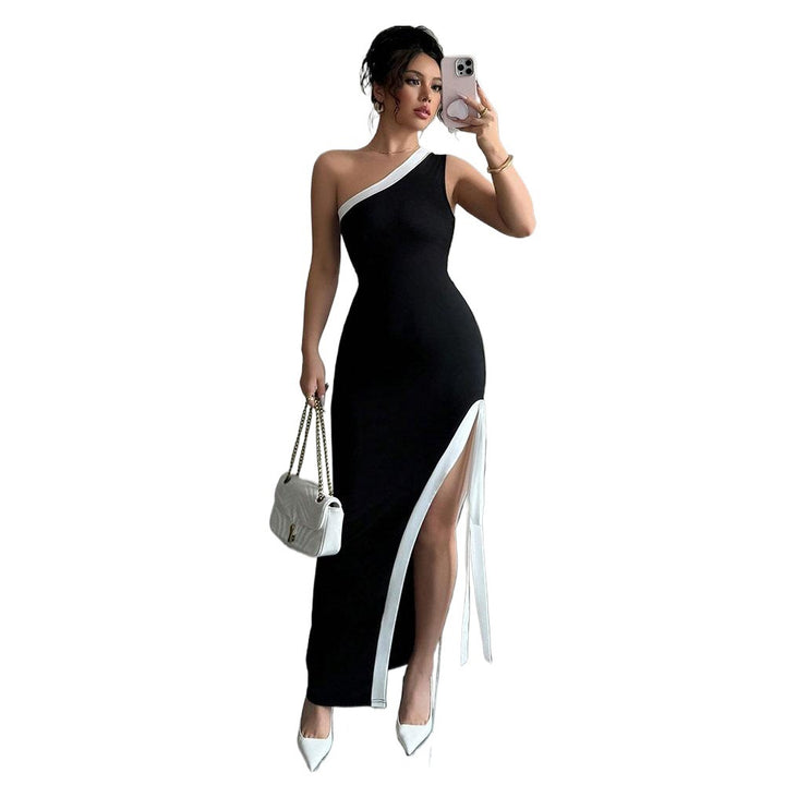 Chic & Stil Women's Bodycon Evening Dress with Asymmetrical Neckline and Side Slit