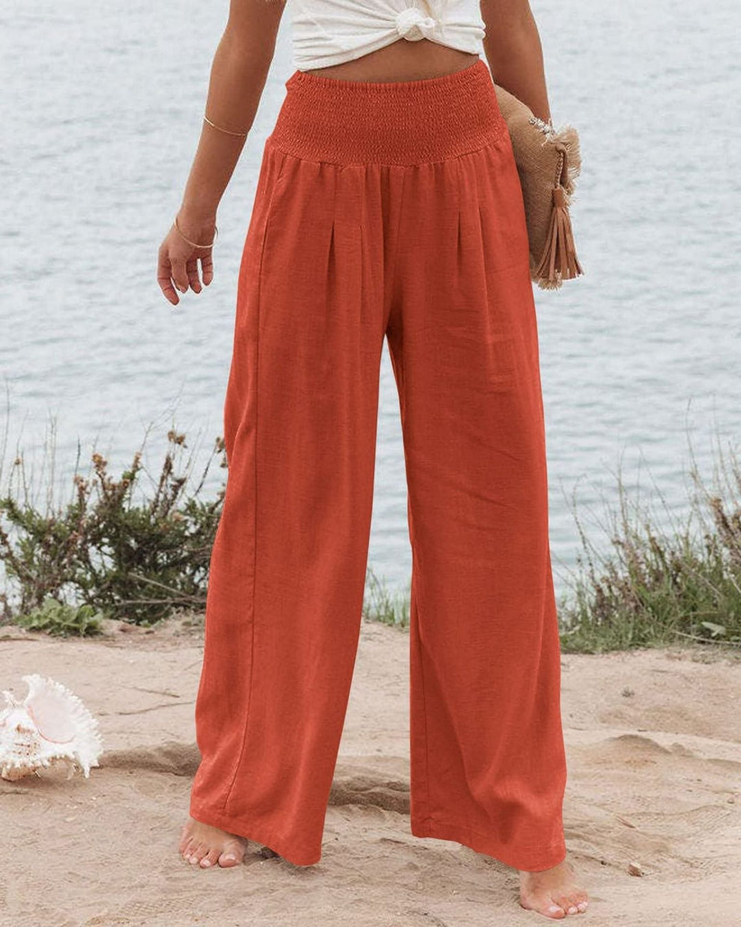Women's Wide Linen Trousers with Elastic Waistband and Pleats Lune London