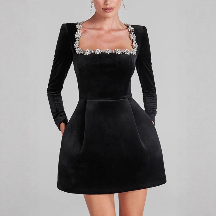 Women Elegant Velvet Dress with Floral Applications and Boat Neck Lune London