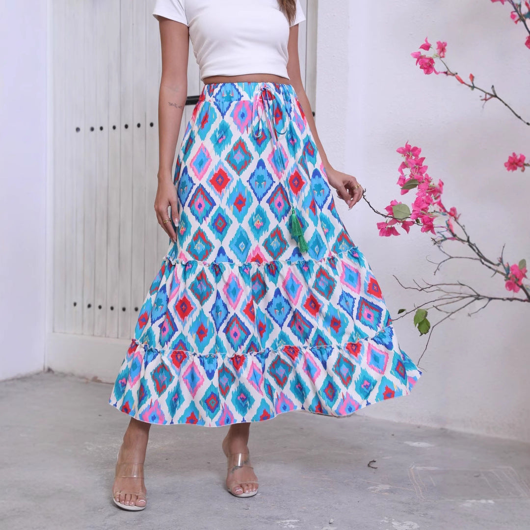 Maxi flared skirt for women with ruffle design and adjustable waist Lune London