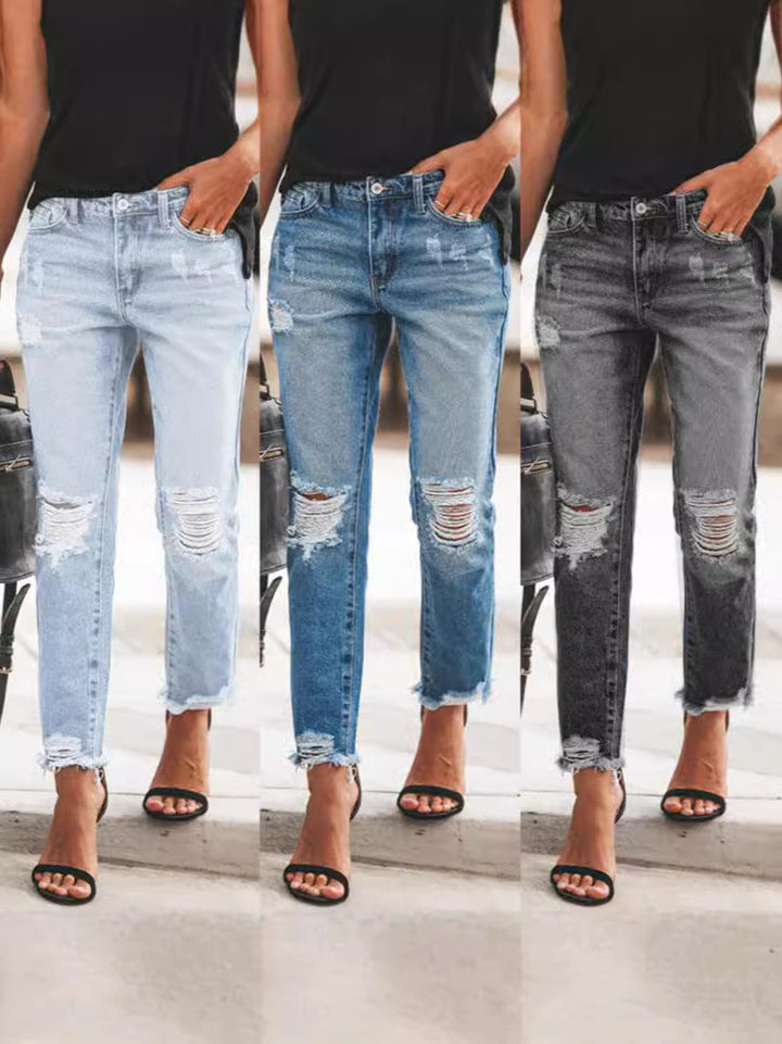 Women’s Ripped Denim Jeans with Casual Cut and Frayed Hem Lune London