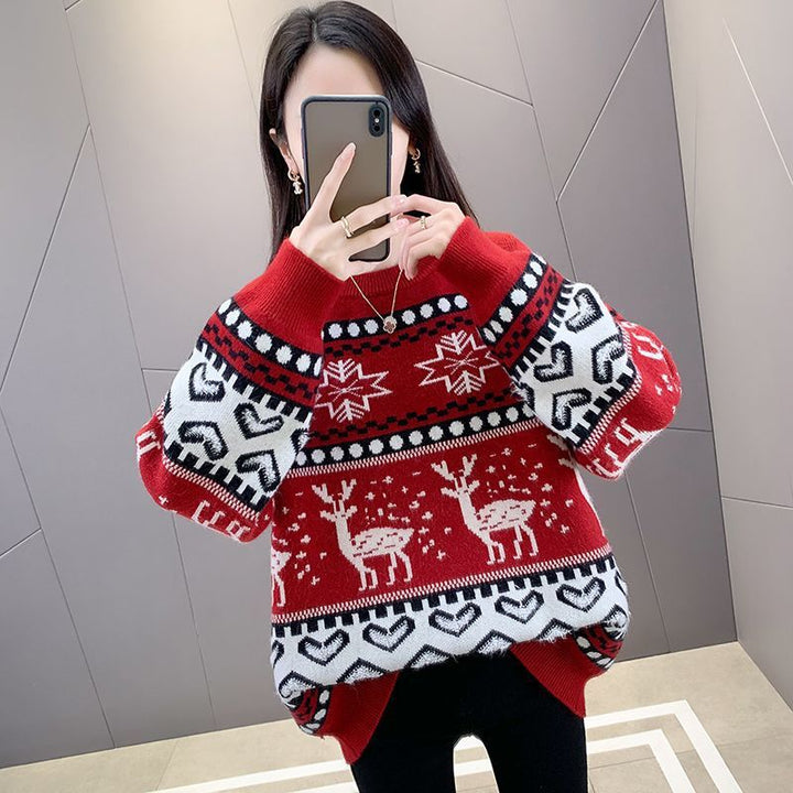 Chunky knit pullover for ladies with festive reindeer motif and modern design Lune London