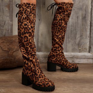 Knee-high boots for women with a stylish leopard print and a chunky block heel Lune London