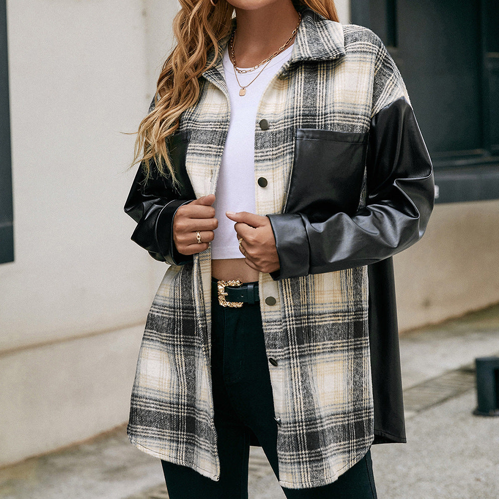 Women's overshirt with faux leather sleeves and checked pattern Lune London