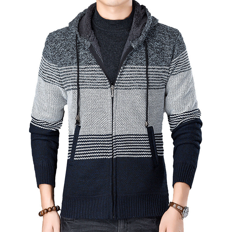 Men's knitted jacket with hood and modern stripes