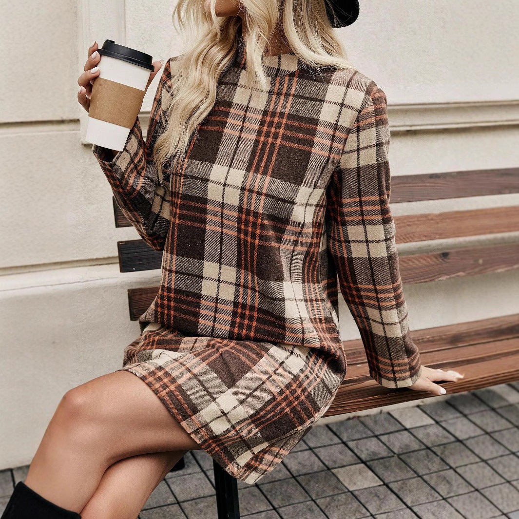 Plaid mini dress for women with high collar and slim silhouette Lune London