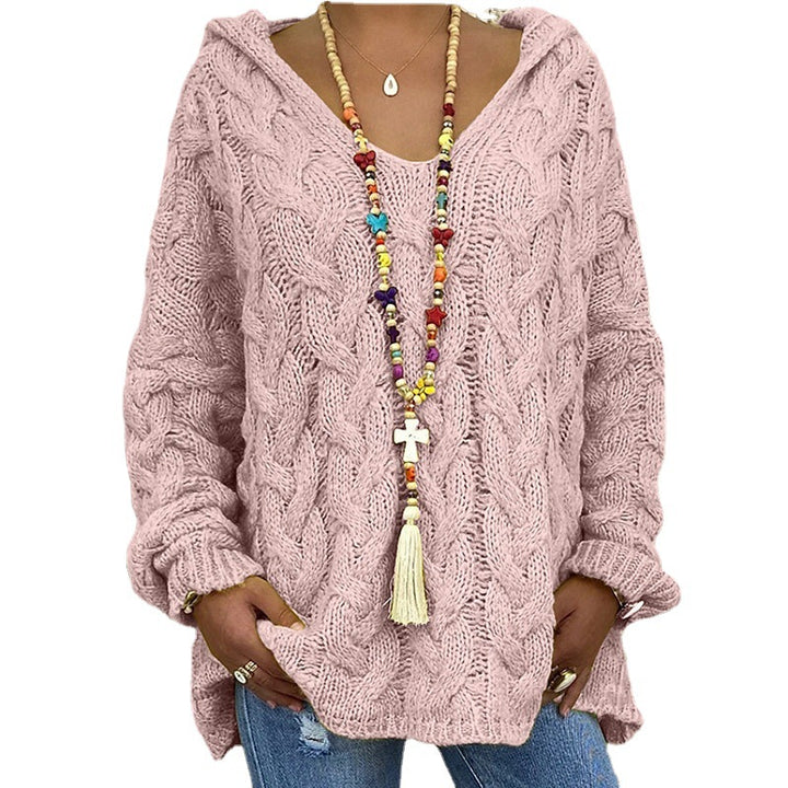Ladies hoodie in chunky knit with V-neck and decorative cord Lune London