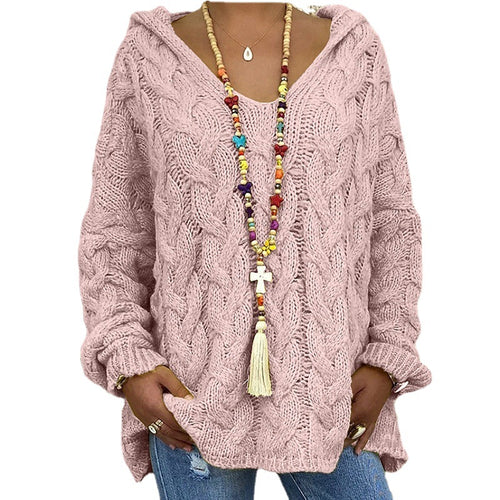 Ladies hoodie in chunky knit with V-neck and decorative cord Lune London