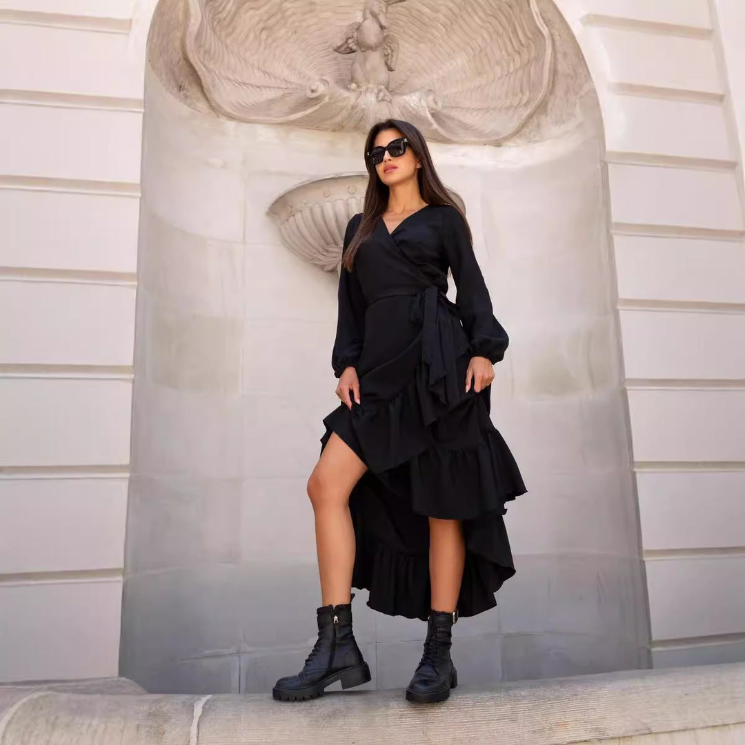Chic and elegant wrap dress with ruffles for women with asymmetric hem