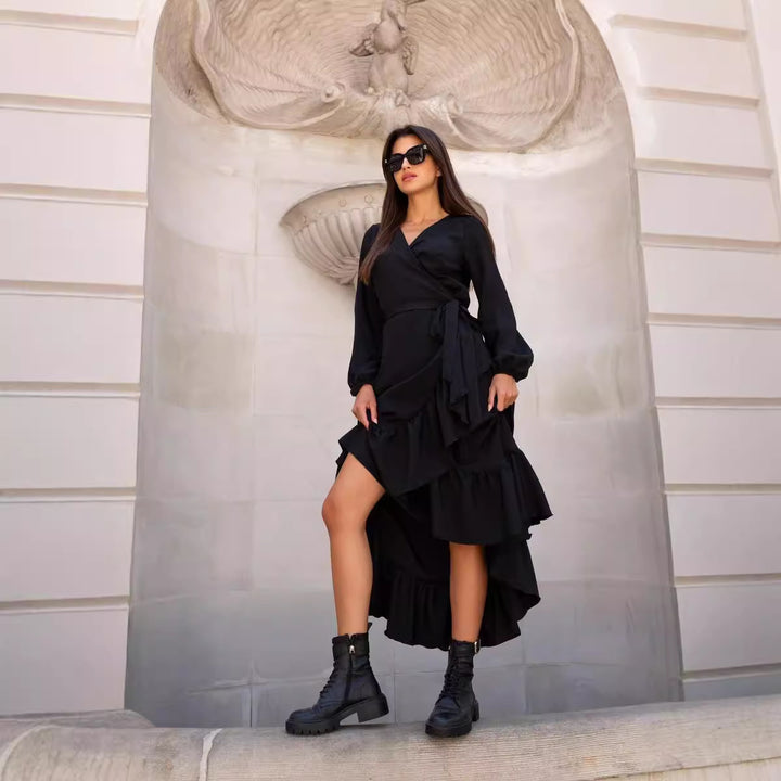 Chic and elegant wrap dress with ruffles for women with asymmetric hem