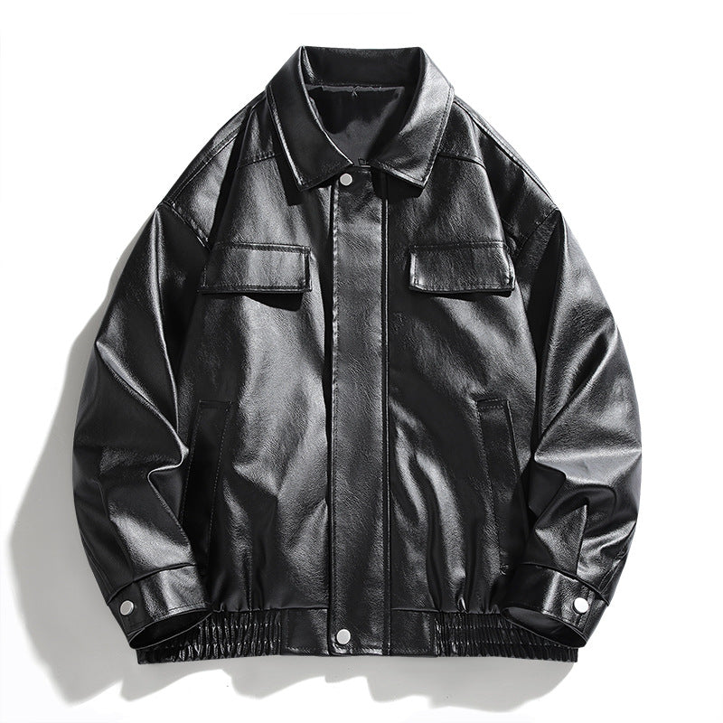 Fashionable synthetic leather jacket for men with large collar and practical pockets Lune London
