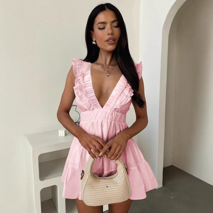 Women's playful mini dress with ruffles and deep V-neck Lune London