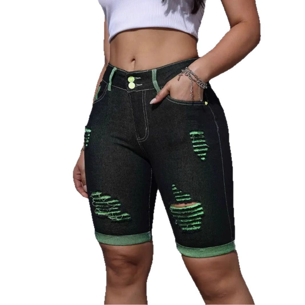 Women's Destroyed Denim Shorts with Eye-catching Accents and High Waist