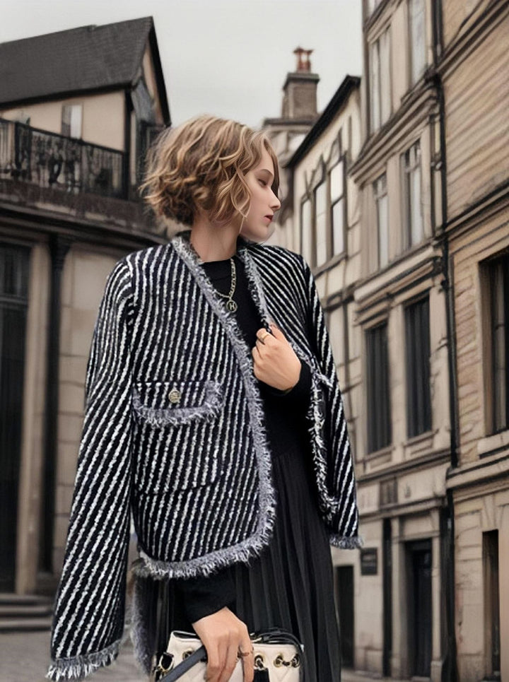Cocoon knit jacket for women with button details and fine texture pattern Lune London