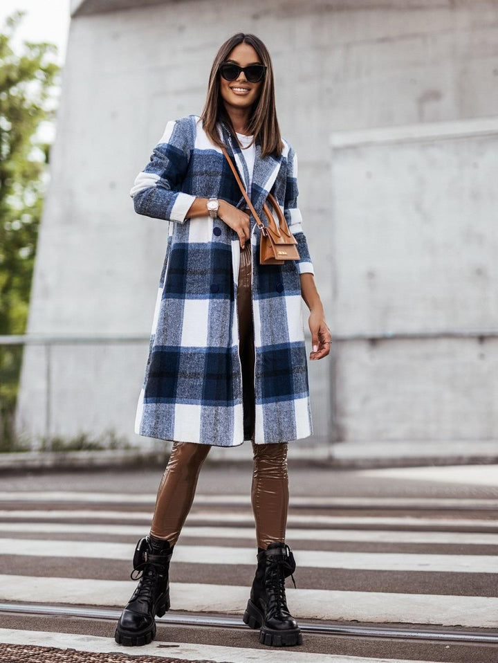 Long wool coat for women with plaid pattern and adjustable belt Lune London