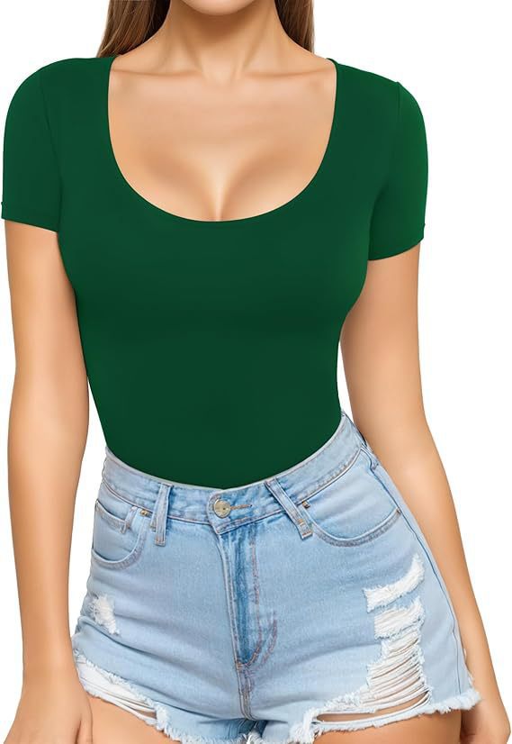 Women's fitted short-sleeve bodysuit with round neckline and seamless design Lune London