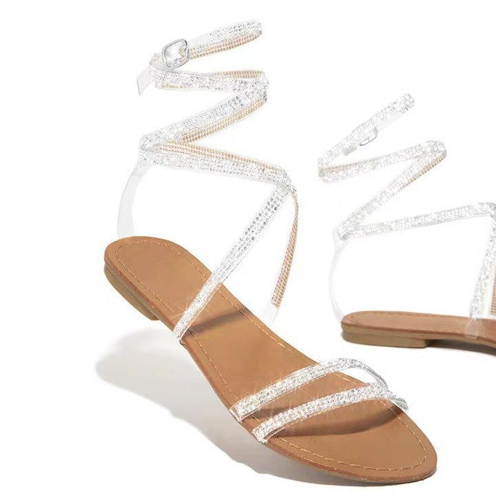 Ladies Glitter Strap Sandals with Chic Rhinestone Ornament Lune London
