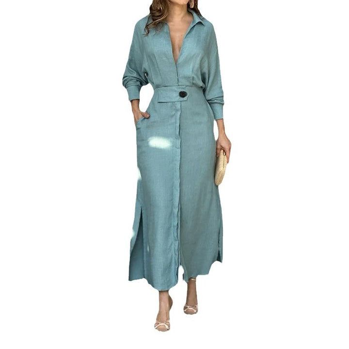 Light linen maxi dress for women with elegant button placket and practical side slits Lune London