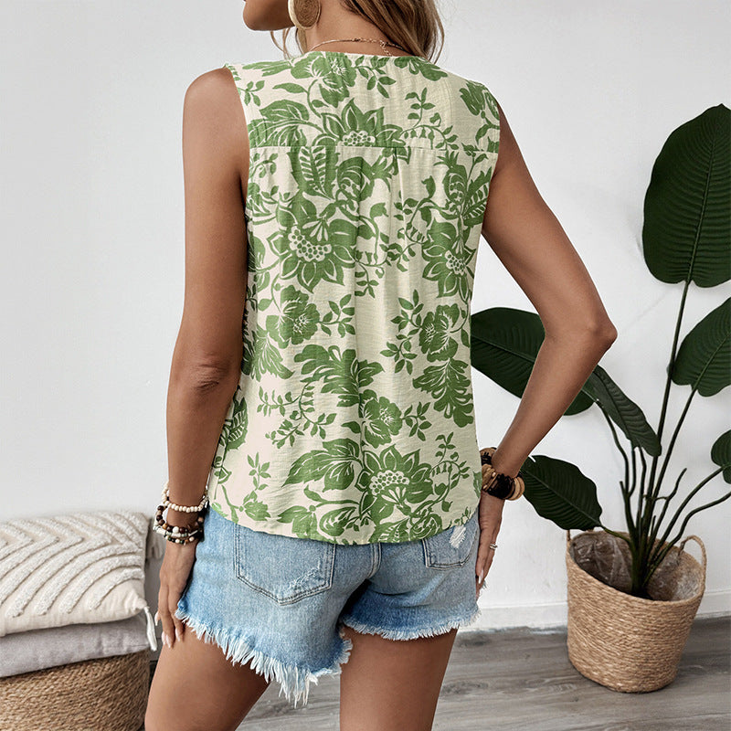 Ladies Floral Pleated Keyhole Tank Top Lune London